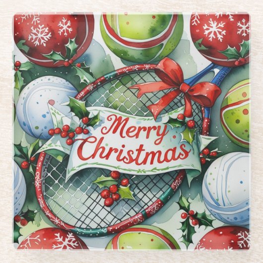 Tennis Christmas themed with racket and Santa hat ガラスコースター (正面)