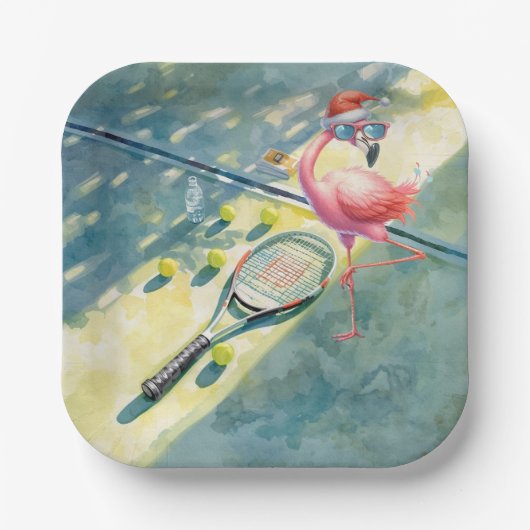 Tennis Christmas with Flamingo themed ペーパープレート (正面)