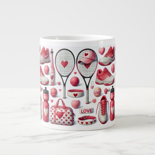 Tennis Love themed in red and white with heart ジャンボコーヒーマグカップ (正面)