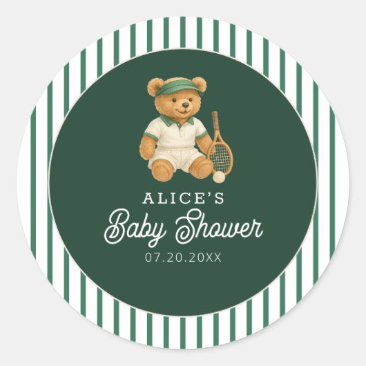 Tennis Preppy Bear Baby Shower ラウンドシール (正面)