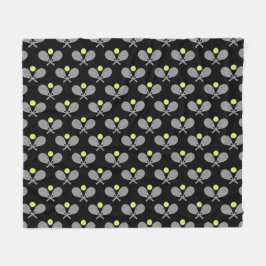 Tennis Seamless Pattern - Racket and Ball on Black フリースブランケット