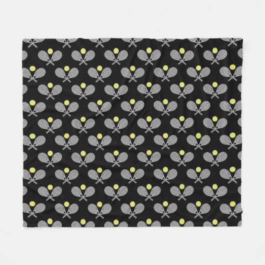 Tennis Seamless Pattern - Racket and Ball on Black フリースブランケット (正面(横))