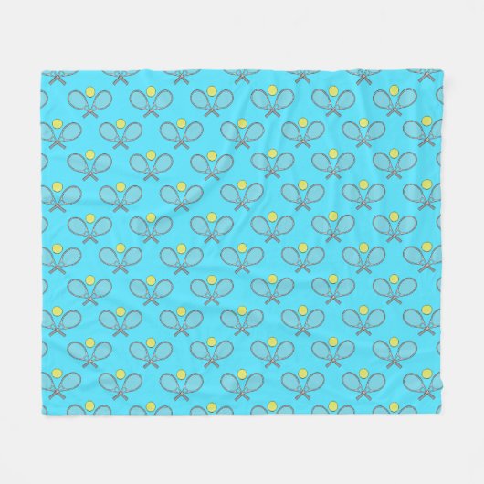 Tennis Seamless Pattern - Racket and Ball on Blue  フリースブランケット (正面(横))