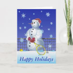 Tennis Snowman Happy Holidays シーズンカード<br><div class="desc">Artaglio.com/Art Design - M.P. Rom © All rights reserved. 
Image of a Snowman with a tennis racket and personalized text template. 
Perfect party invitation for tennis player,  tennis coach or tennis partner. 
Please fill free to change text to your own words.</div>