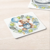 Tennis themed Baby Shower for Baby Boy Party スクエアペーパーコースター (アングル)