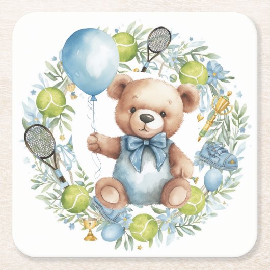 Tennis themed Baby Shower for Baby Boy Party スクエアペーパーコースター (正面)