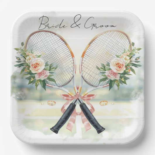 Tennis Wedding Racket with Flower Bride & Groom ペーパープレート (正面)