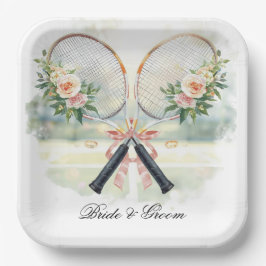 Tennis Wedding Racket with Flower Bride & Groom ペーパープレート