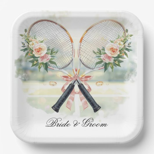 Tennis Wedding Racket with Flower Bride & Groom ペーパープレート (正面)