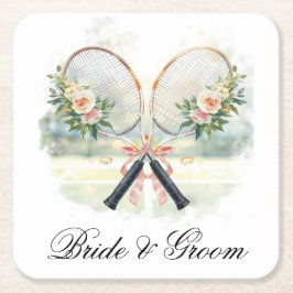 Tennis Wedding Racket with Flowers Bride & Groom  スクエアペーパーコースター