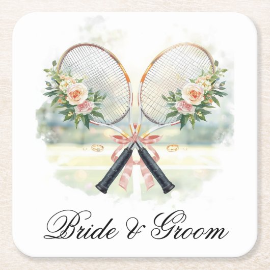 Tennis Wedding Racket with Flowers Bride & Groom  スクエアペーパーコースター (正面)