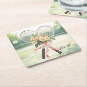Tennis Wedding Racket with Flowers Bride & Groom スクエアペーパーコースター (アングル)