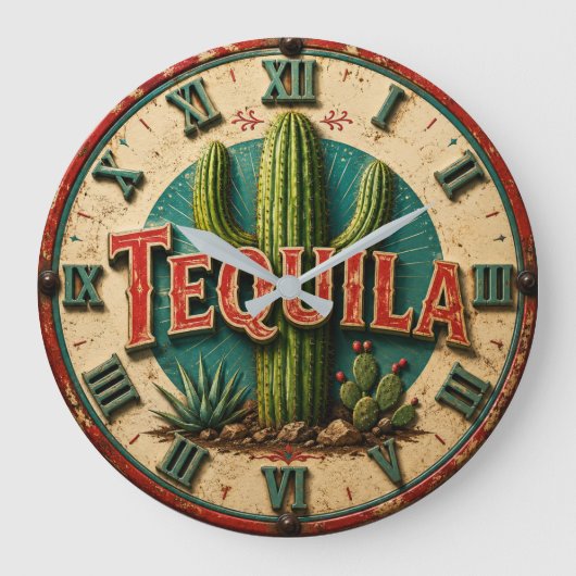 Tequila Cactus Rustic Mexican Bar Desert Home Gift ラージ壁時計 (正面)