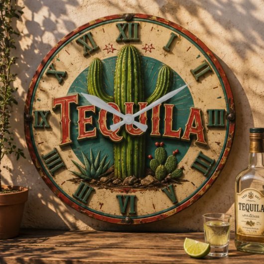 Tequila Cactus Rustic Mexican Bar Desert Home Gift ラージ壁時計
