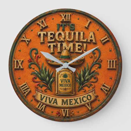 Tequila Time Viva Mexico Bar Decor Mexican Rustic ラージ壁時計 (正面)