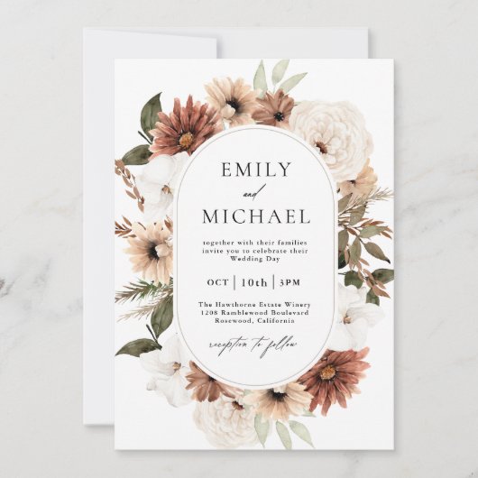 Terra Cotta Boho Floral Fall Wedding 招待状 (正面)