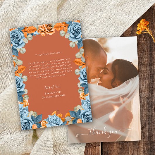 Terracotaネイビー素朴ブブルーとラストの結婚写真 サンキューカード