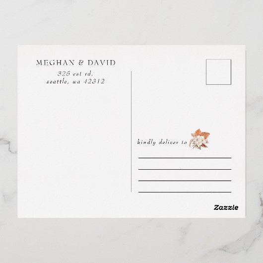 Terracota素朴 Pampas Arched日付を保存 箔招待状ポストカード (裏面)