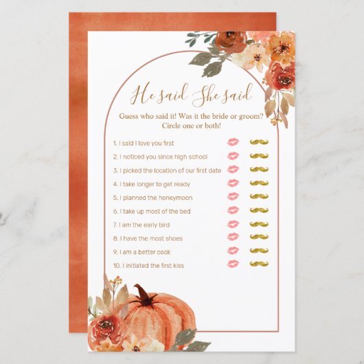 Terracota Pumpkin彼は彼女はゲームカードを言った (正面/裏面)