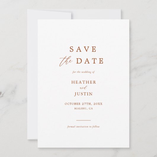 Terracota Rust Burntオレンジ色の写真の日付を保存 セーブザデート (正面)