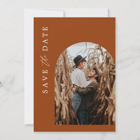 Terracota Rust Burntオレンジ色の写真の日付を保存 セーブザデート (裏面)