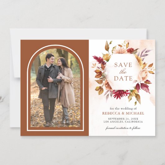 Terracottaの結婚フローラの写真の日付を保存 マグネット招待状 (正面)