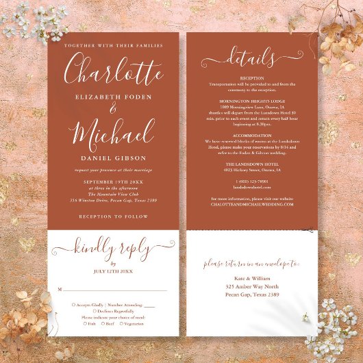 Terracottaエレガントスクリプトすべて結婚の 招待状