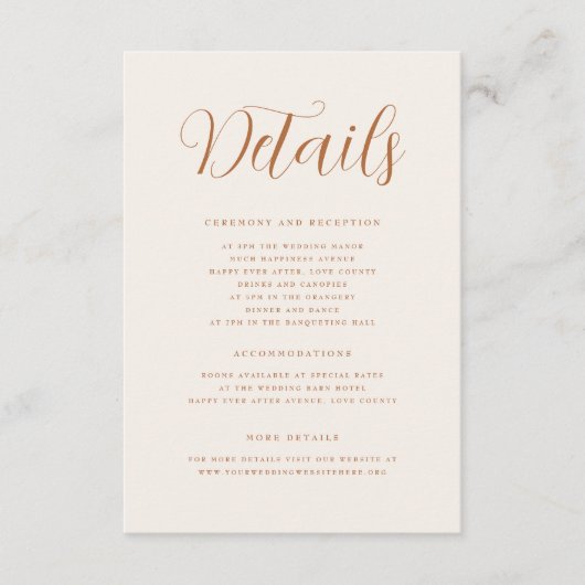 Terracottaエレガントスクリプモダント結婚の詳細 エンクロージャーカード (正面)