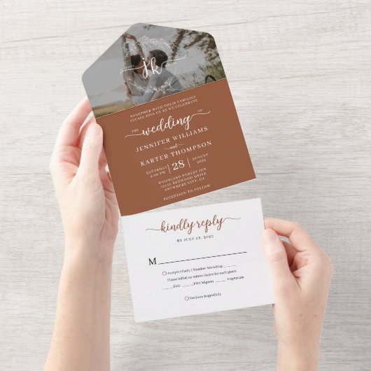 Terracottaエレガントモノグラム写真Rsvp結婚's オールインワン招待状 (貼ってはがせる)