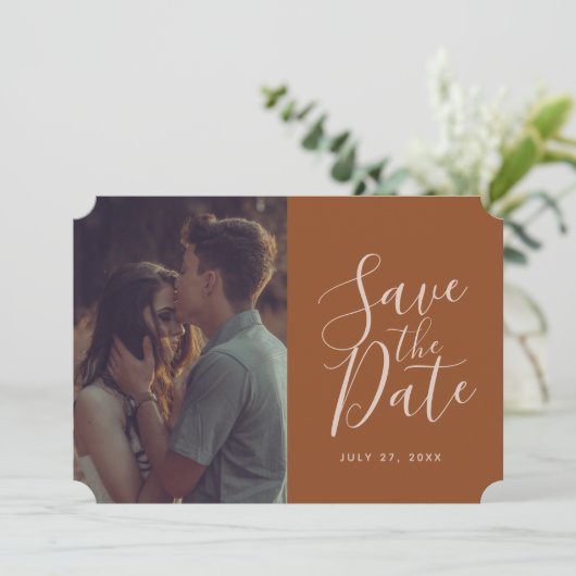 Terracottaエレガント書記日付写真を保存 招待状 (スタンド正面)