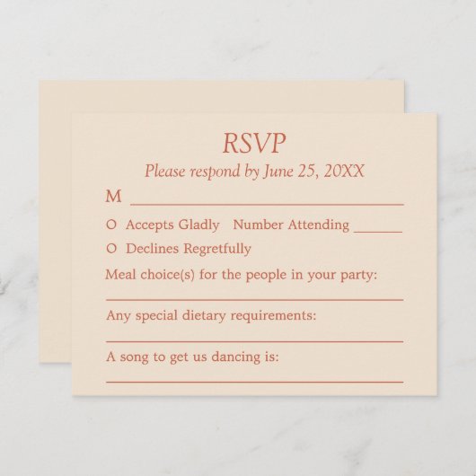 Terracottaスクリプトゲストの選択肢ウェディングRSVPカード 出欠カード (正面/裏面)