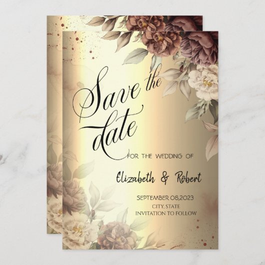 Terracottaバラエレガント金ゴールドスクリプト日付の保存 セーブザデート (正面/裏面)