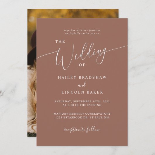 Terracottaモダンミニマル写真結婚の写真 招待状 (正面/裏面)