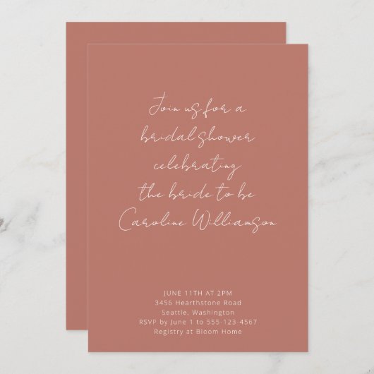 Terracotta手書きスクリプトトレンディーブライダルシャワー 招待状 (正面/裏面)