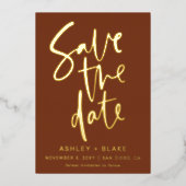 Terracotta手書きスクリプト写真の日付を保存 箔招待状 (正面)