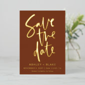 Terracotta手書きスクリプト写真の日付を保存 箔招待状 (立ち正面)