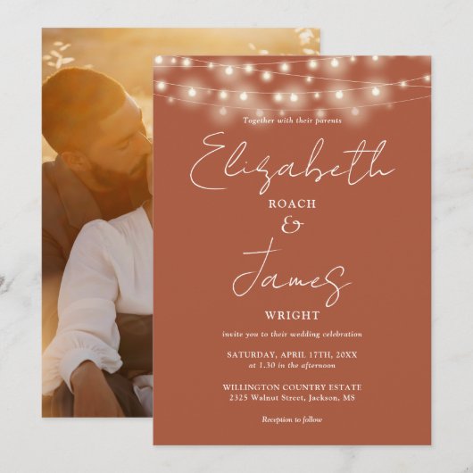 Terracotta文字列ライトシックなスクリプトフォト結婚ズ 招待状 (正面/裏面)