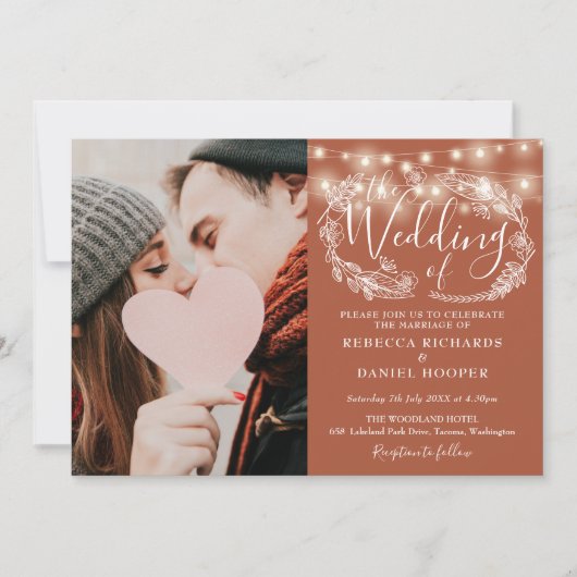 Terracotta文字列ライトフローラ写真結婚の 招待状 (正面)