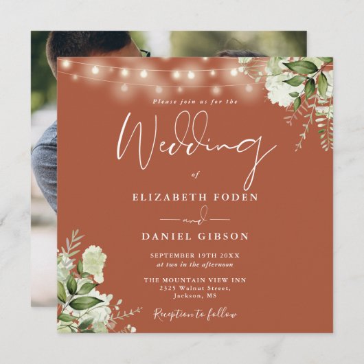 Terracotta文字列ライトフローラ写真結婚の 招待状 (正面/裏面)
