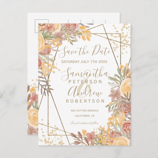 Terracotta茶色のフローラ金ゴールドフレームで日付を保存 案内ポストカード (正面/裏面)