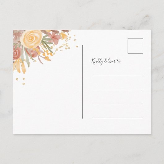 Terracotta茶色のフローラ金ゴールドフレームで日付を保存 案内ポストカード (裏面)