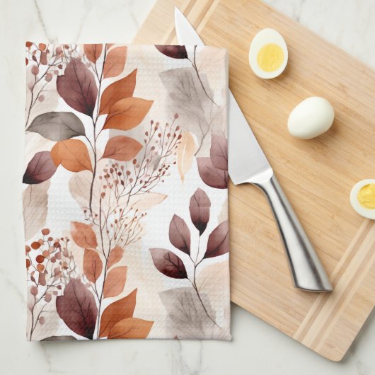 Terracotta and Burgundy Fall Leaves | Boho Autumn キッチンタオル (四つ折り)