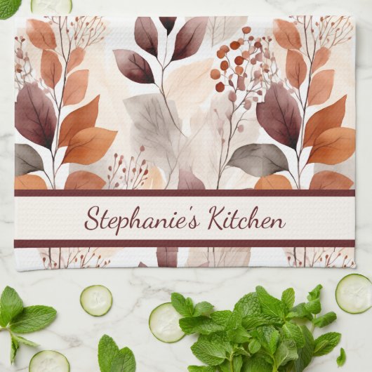 Terracotta and Burgundy Fall Leaves | Custom Boho キッチンタオル (折り畳み)