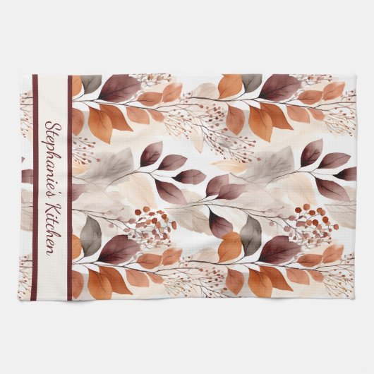 Terracotta and Burgundy Fall Leaves | Custom Boho キッチンタオル (横)