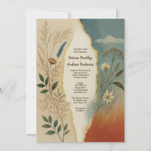 Terracotta and Dusty Teal Rustic Sunset Wildflower 招待状 (正面)