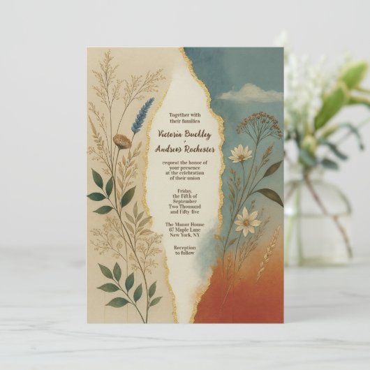 Terracotta and Dusty Teal Rustic Sunset Wildflower 招待状 (スタンド正面)