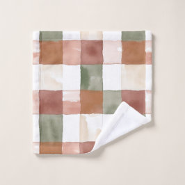 Terracotta and Green Watercolor Plaid Gingham ウォッシュタオル