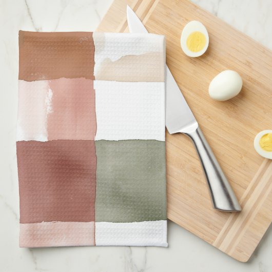 Terracotta and Green Watercolor Plaid Gingham キッチンタオル (四つ折り)