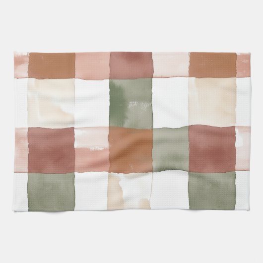 Terracotta and Green Watercolor Plaid Gingham キッチンタオル (横)