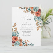 Terracotta Blue Painterly Flora Wedding 招待状 (スタンド正面)